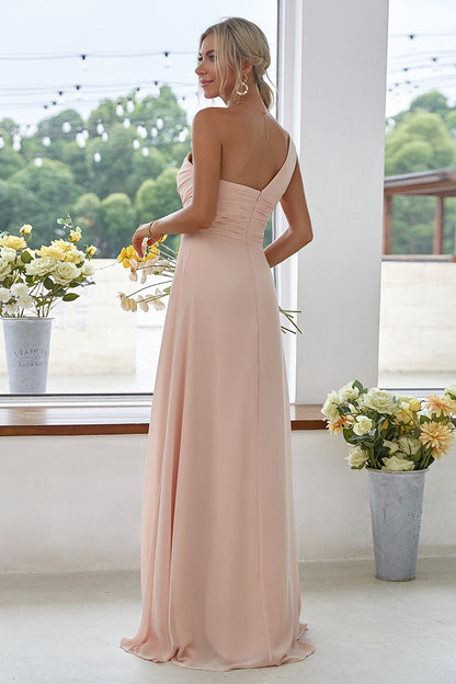 ILYNORA women's peach one-shoulder chiffon maxi dress, side view
