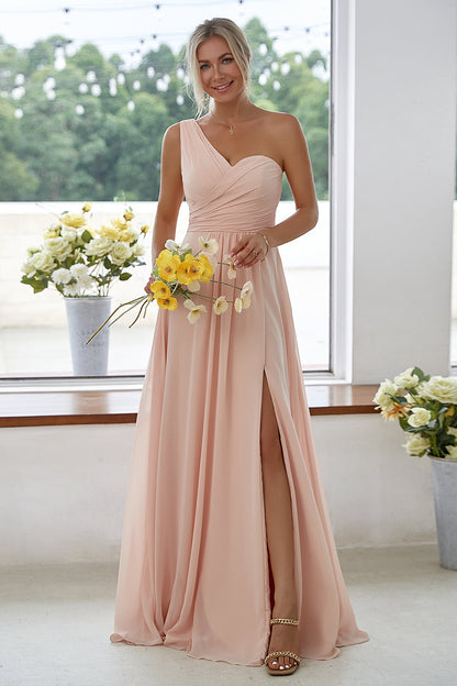 ILYNORA women's peach one-shoulder chiffon maxi dress, front view