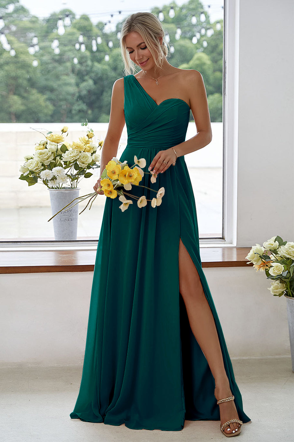 ILYNORA women's pine one-shoulder chiffon maxi dress with side slit