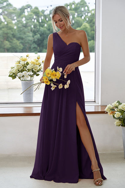 ILYNORA women's plum one-shoulder chiffon maxi dress with side slit