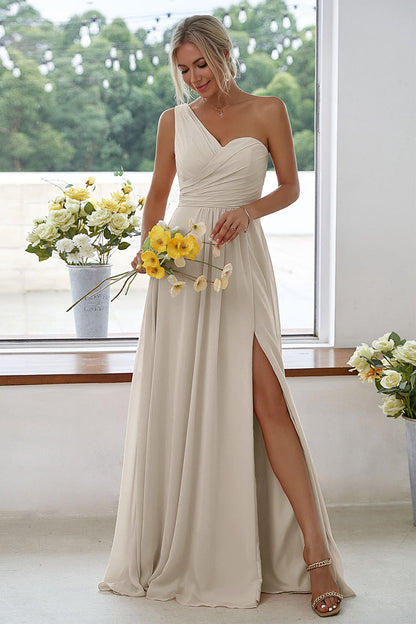 ILYNORA women's taupe one-shoulder chiffon maxi dress with side slit