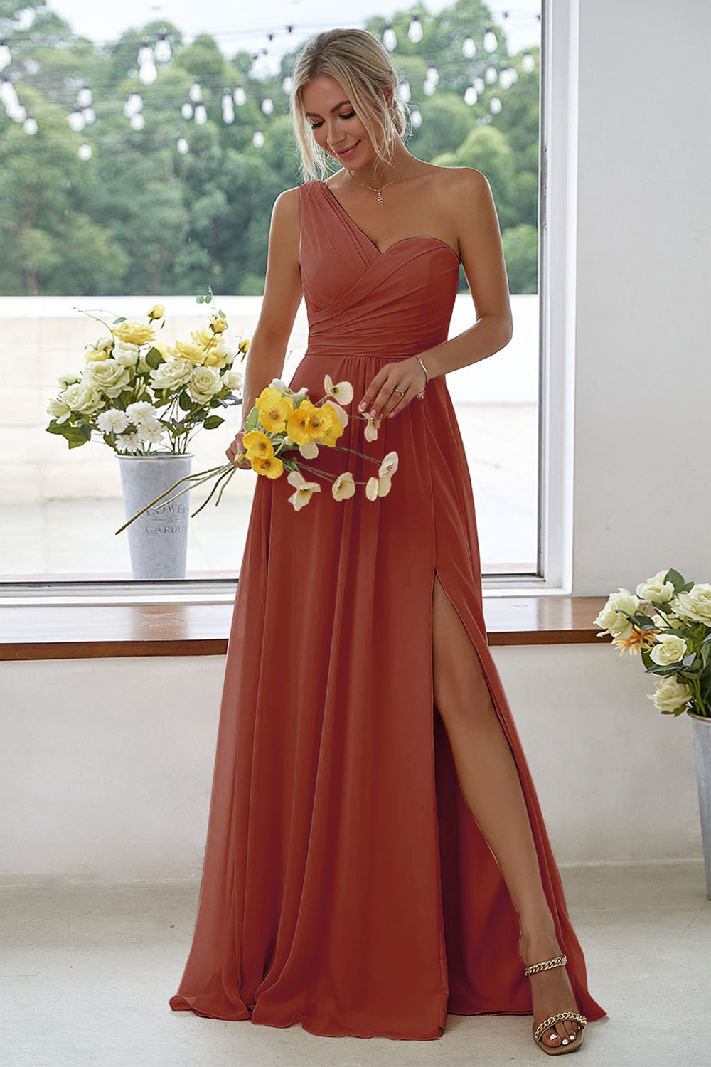 ILYNORA women's terracotta one-shoulder chiffon maxi dress with side slit