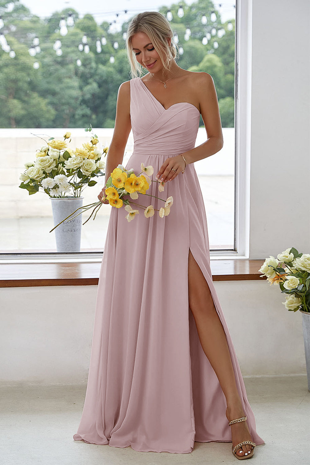 ILYNORA women's vintage mauve one-shoulder chiffon maxi dress, side slit