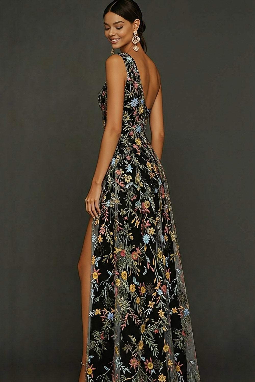 ILYNORA black floral prom maxi dress, side view showing thigh-high slit detail