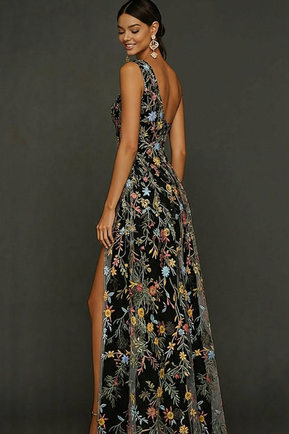 ILYNORA black floral prom maxi dress, side view showing thigh-high slit detail