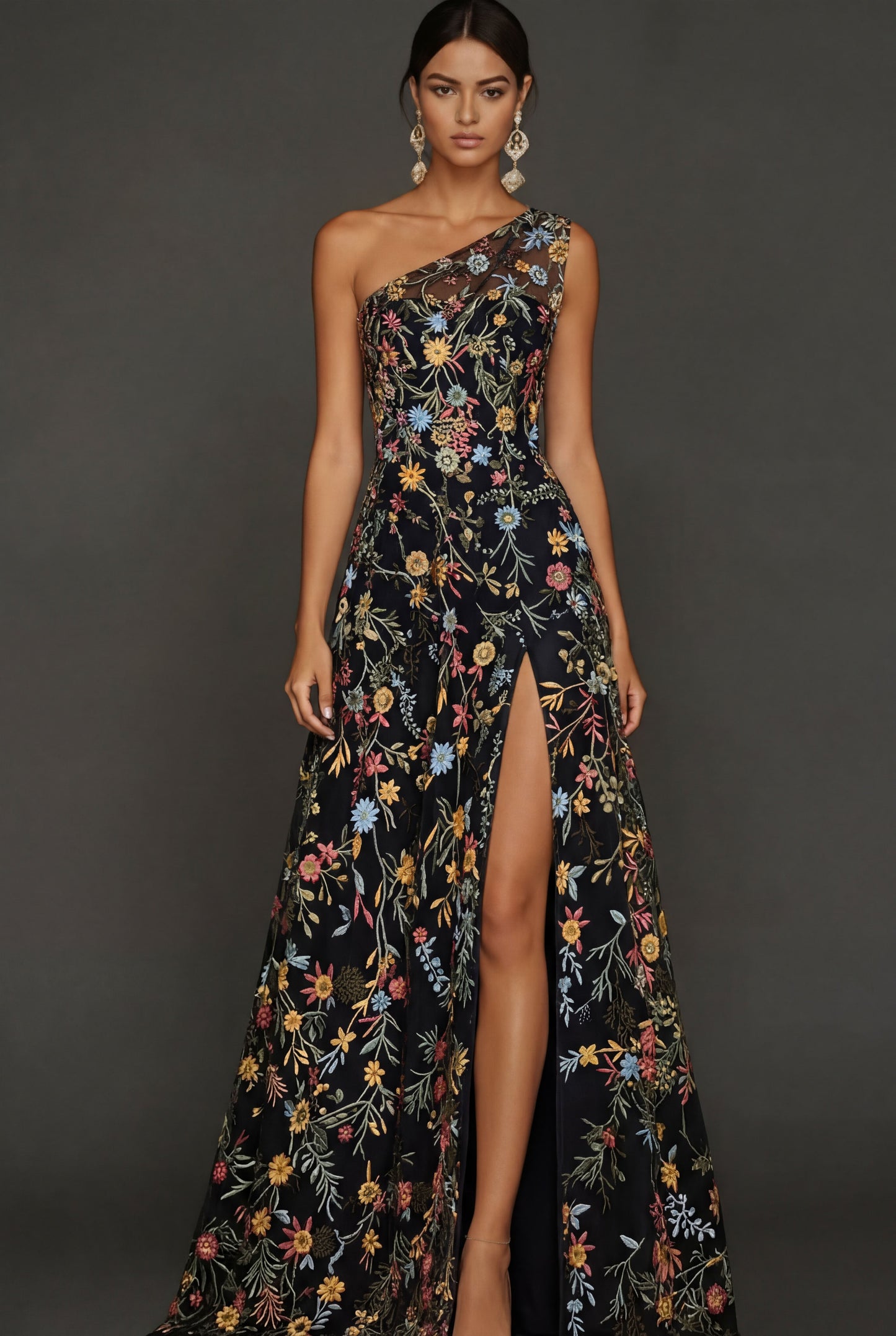 ILYNORA black one shoulder floral prom maxi dress, model wearing gown from the front