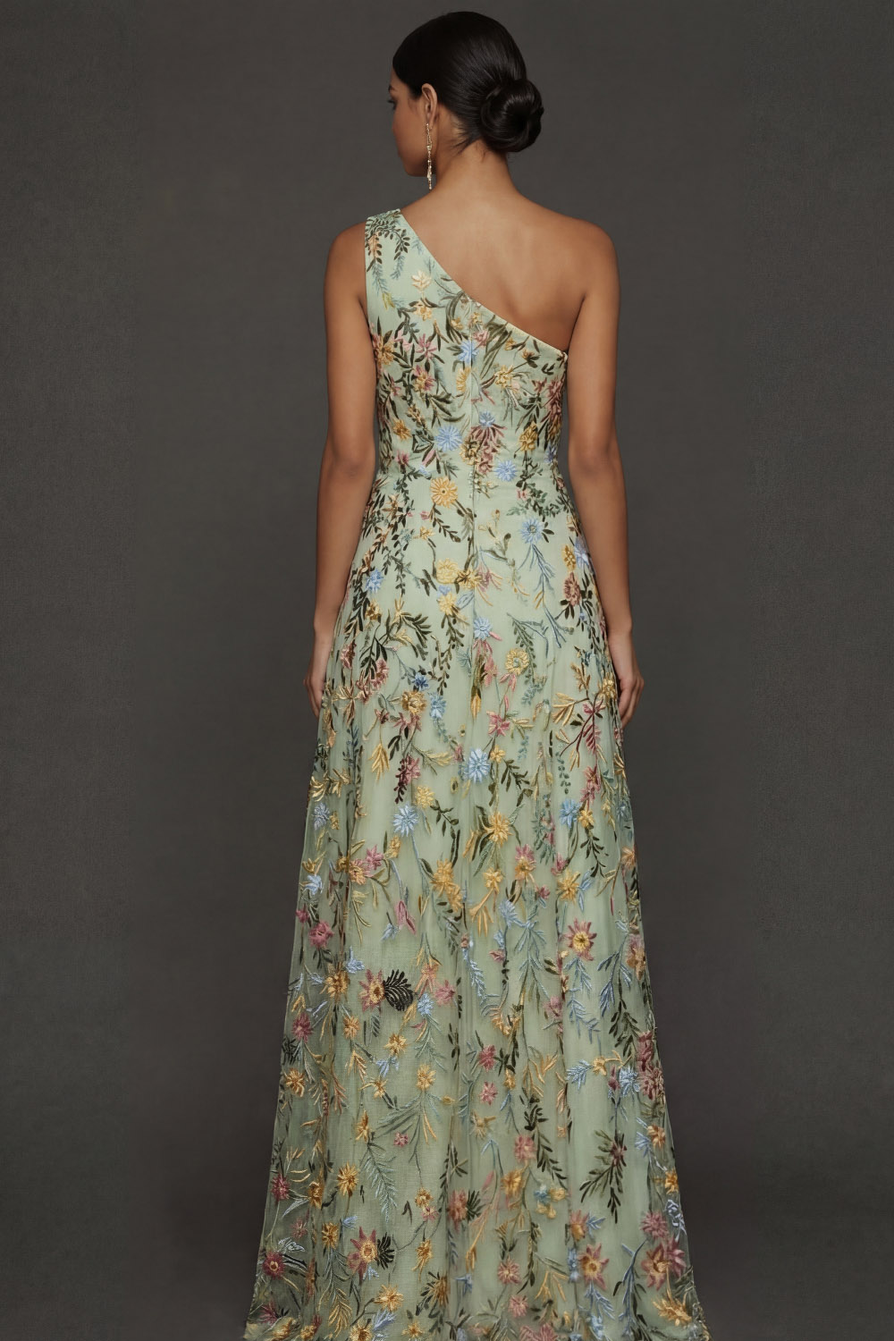 ILYNORA green floral prom maxi dress, back view showing thigh-high slit detail