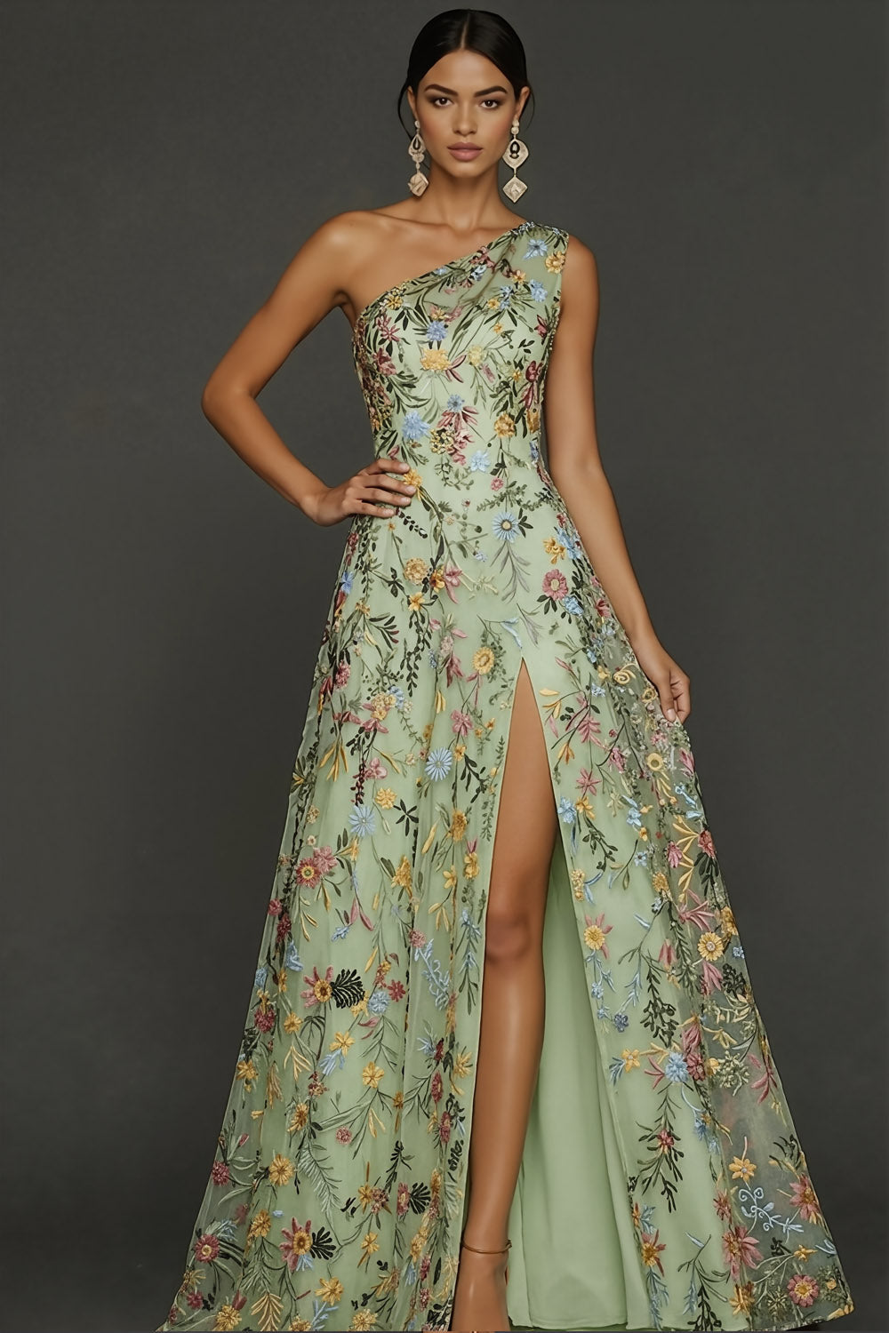 ILYNORA green one shoulder floral prom maxi dress, model wearing gown from the front