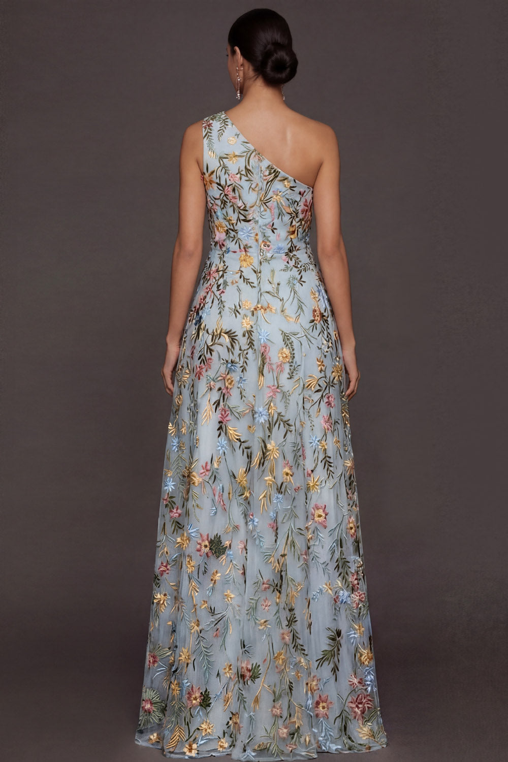 ILYNORA light blue floral prom maxi dress, side view showing thigh-high slit detail