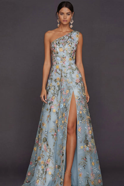 ILYNORA light blue one shoulder floral prom maxi dress, model wearing gown, front