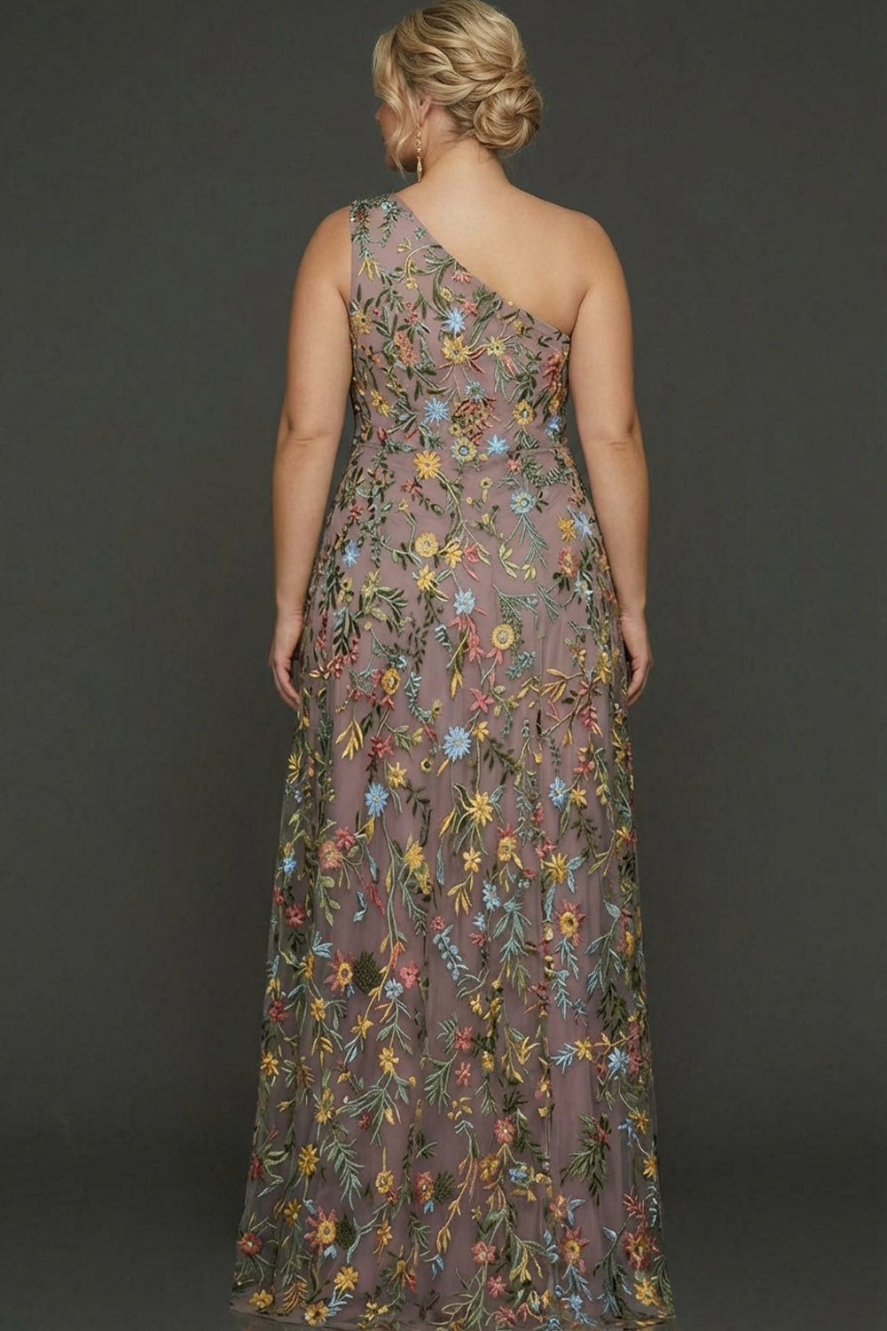 ILYNORA mauve floral prom maxi dress, back view highlighting flowing skirt silhouette