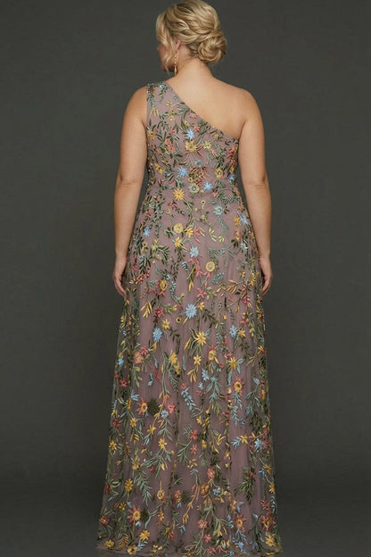 ILYNORA mauve floral prom maxi dress, back view highlighting flowing skirt silhouette