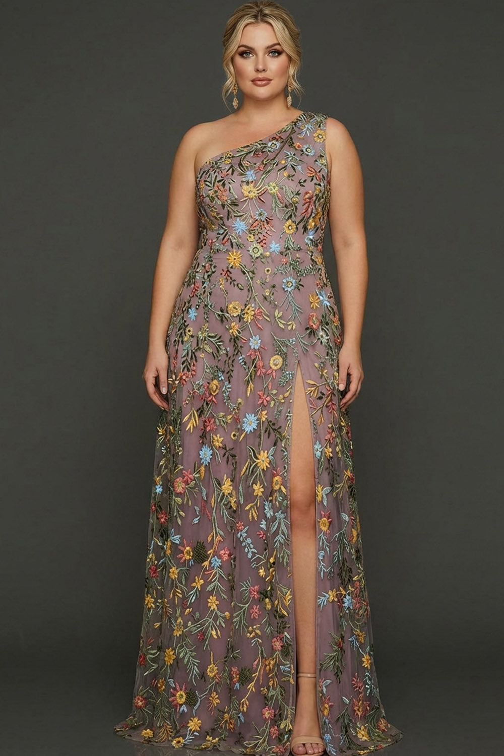 ILYNORA mauve floral prom maxi dress, front view showing thigh-high slit detail