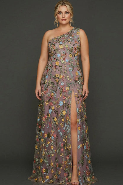ILYNORA mauve floral prom maxi dress, front view showing thigh-high slit detail