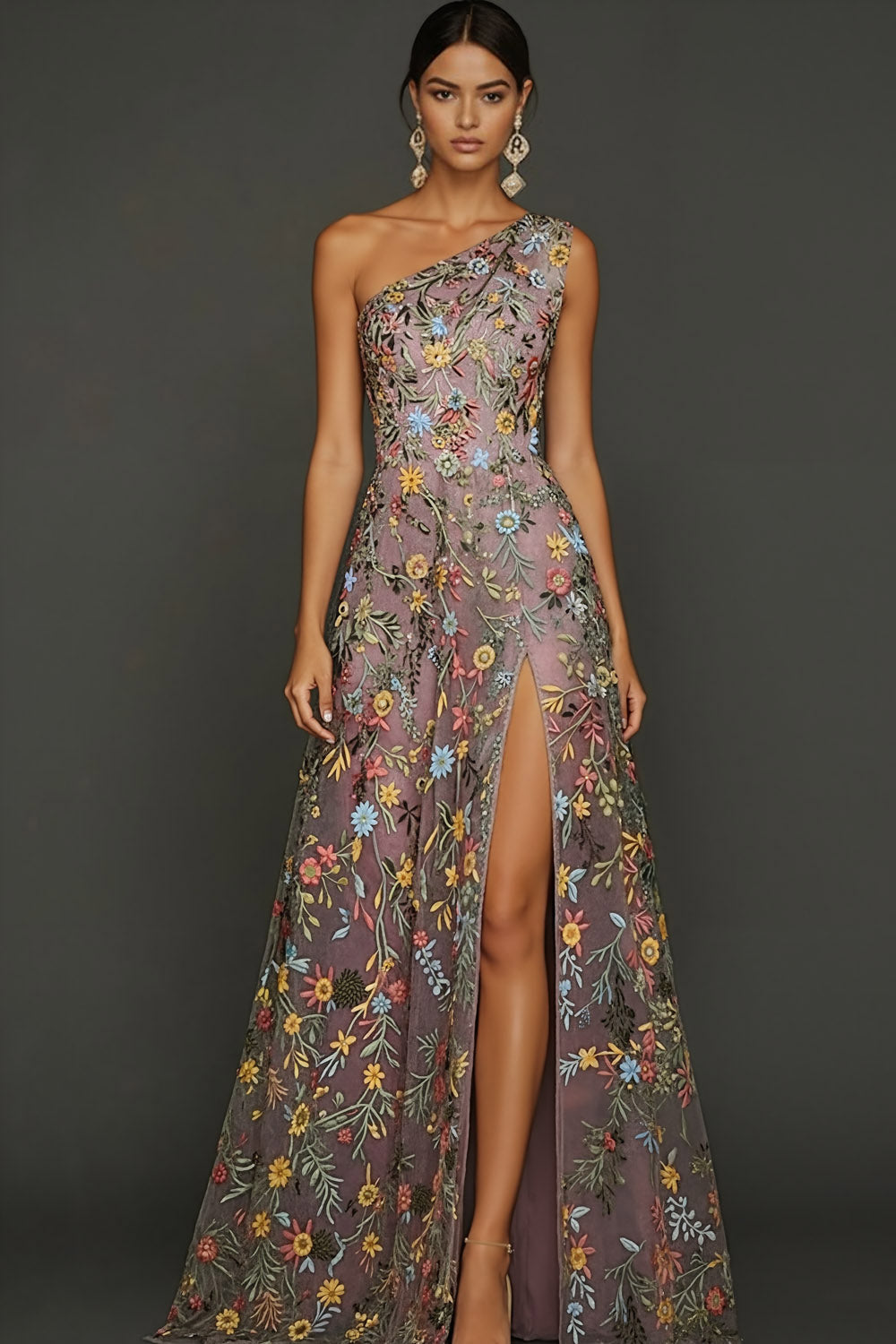ILYNORA mauve one shoulder floral prom maxi dress, model wearing gown from the front