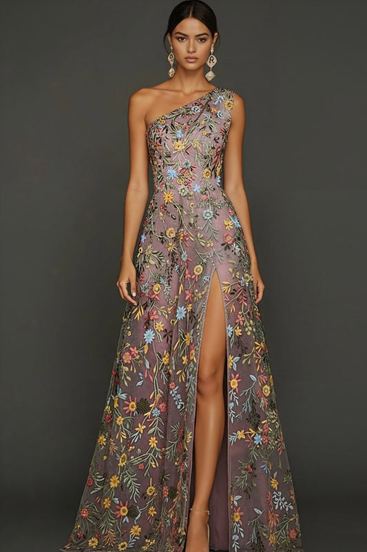 ILYNORA mauve one shoulder floral prom maxi dress, model wearing gown from the front