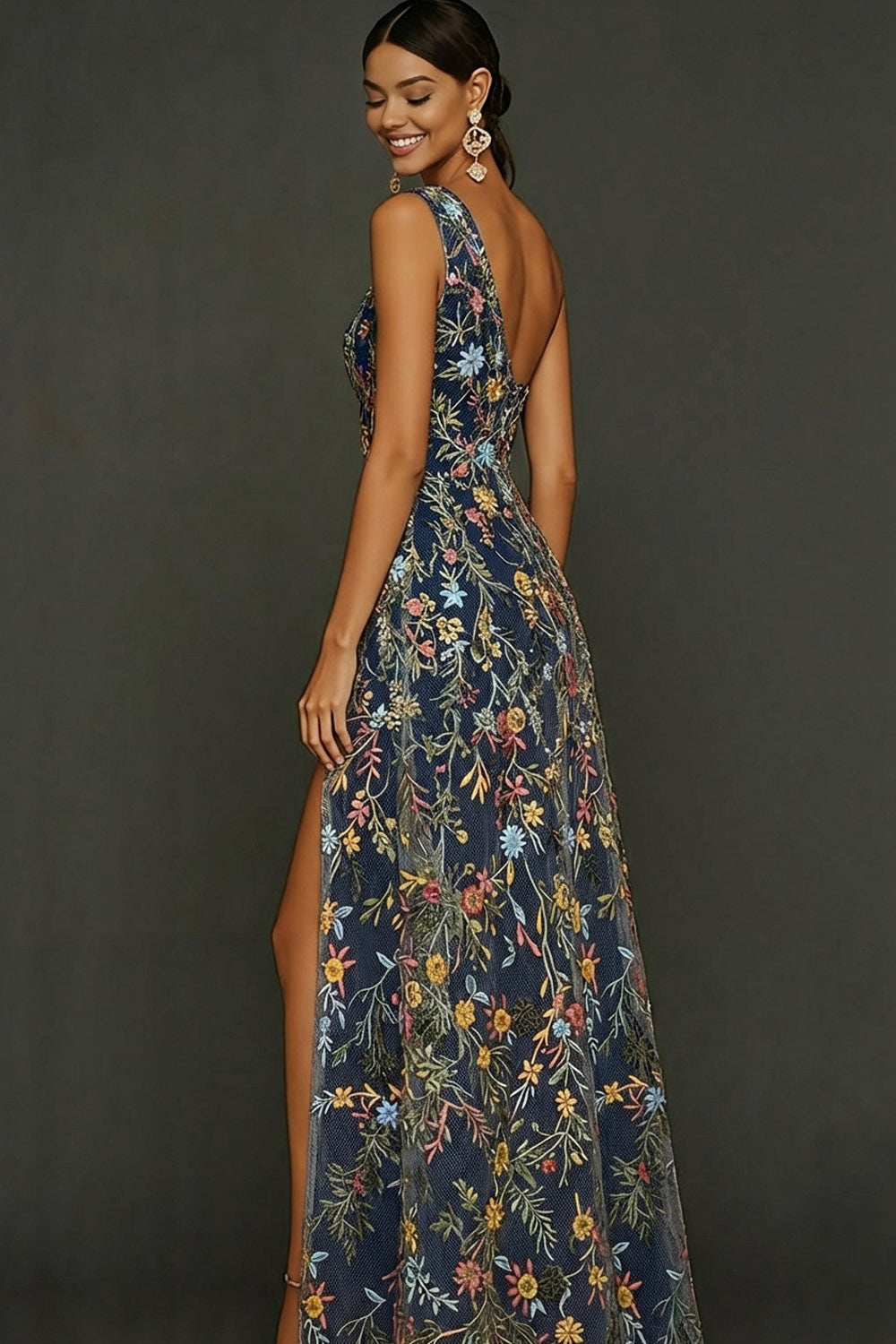ILYNORA navy floral prom maxi dress, side view showing thigh-high slit detail