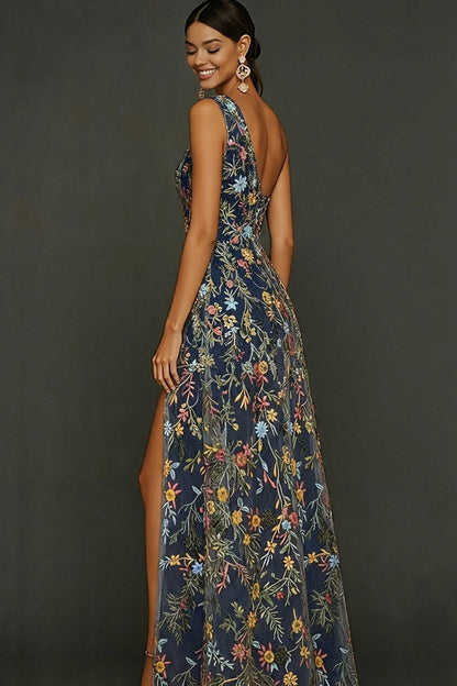 ILYNORA navy floral prom maxi dress, side view showing thigh-high slit detail