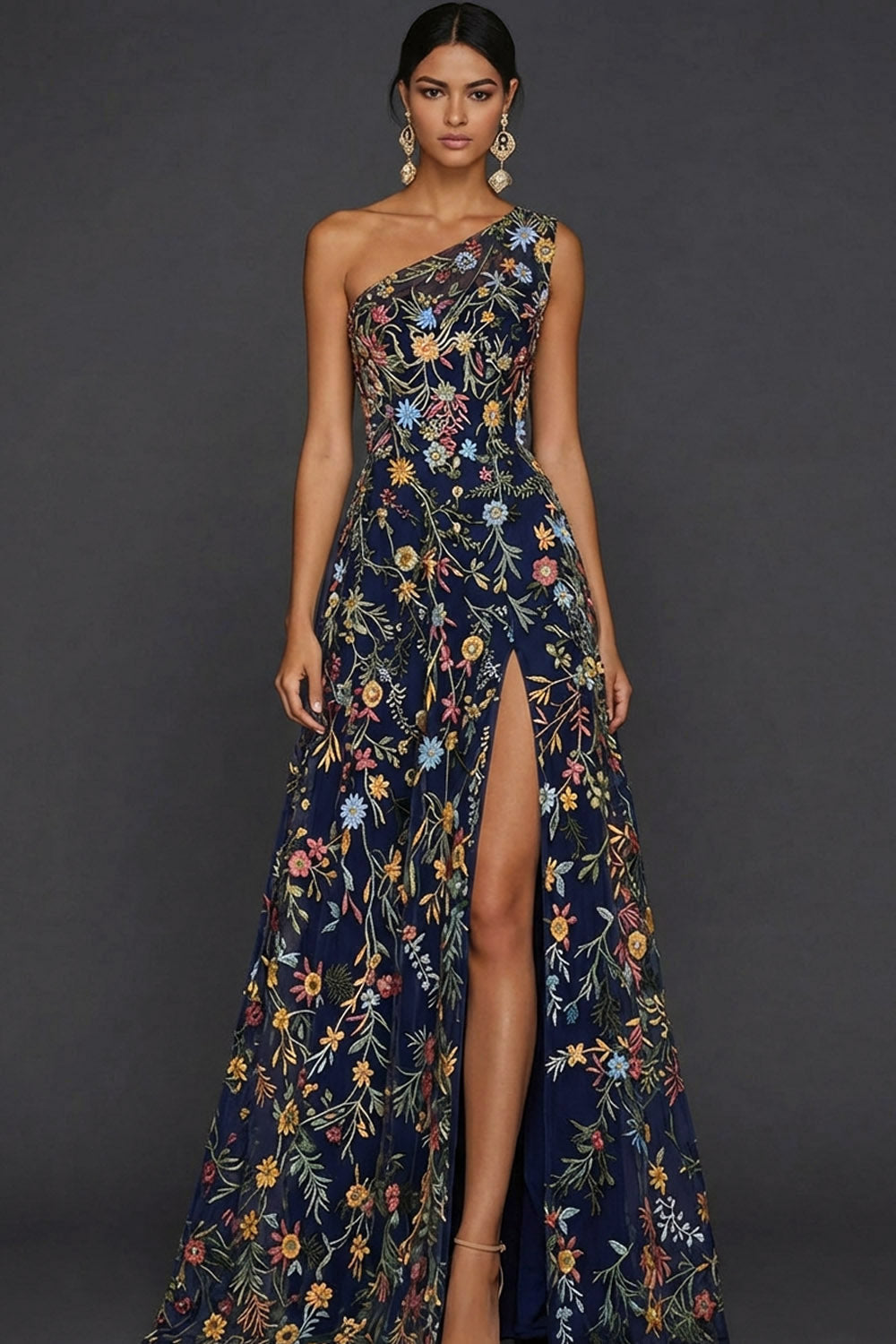 ILYNORA navy one shoulder floral prom maxi dress, model wearing gown from the front