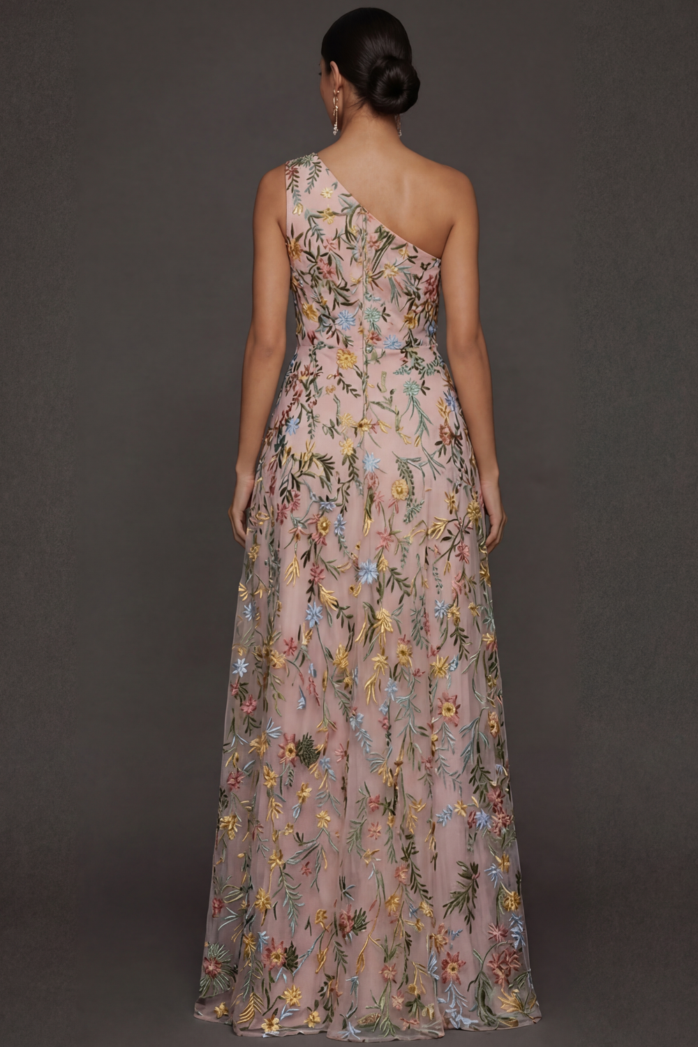 ILYNORA pink floral prom maxi dress, side view showing thigh-high slit detail