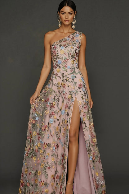 ILYNORA pink one shoulder floral prom maxi dress, model wearing gown from the front