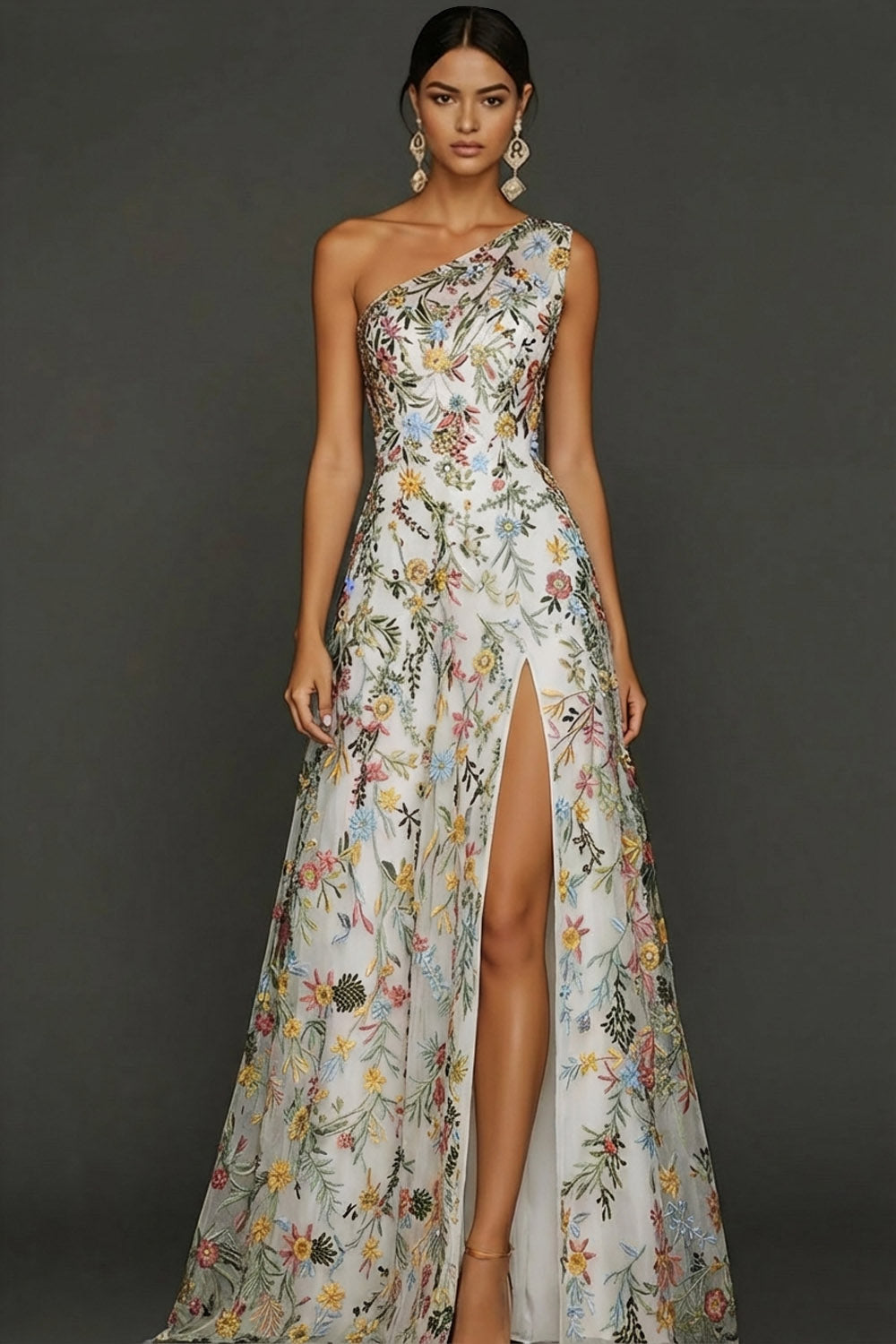 ILYNORA white one shoulder floral prom maxi dress, model wearing gown from the front