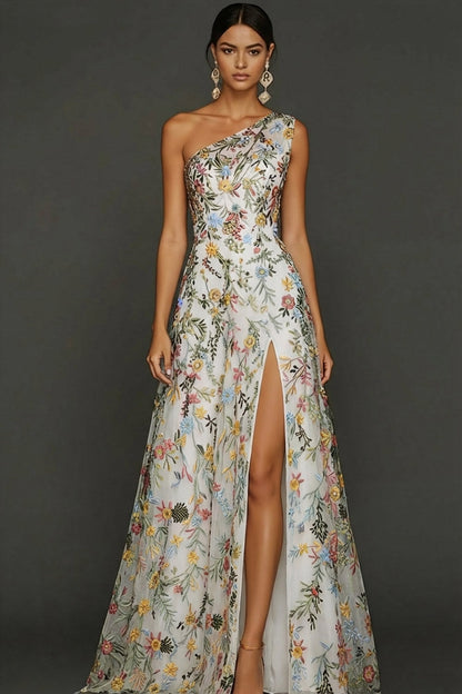 ILYNORA white one shoulder floral prom maxi dress, model wearing gown from the front