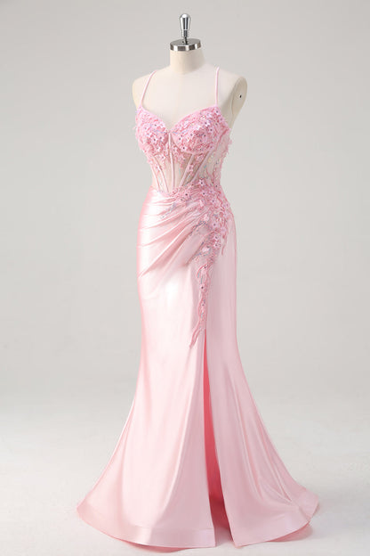 ILYNORA pink floral corset satin maxi dress, angled view of mermaid silhouette