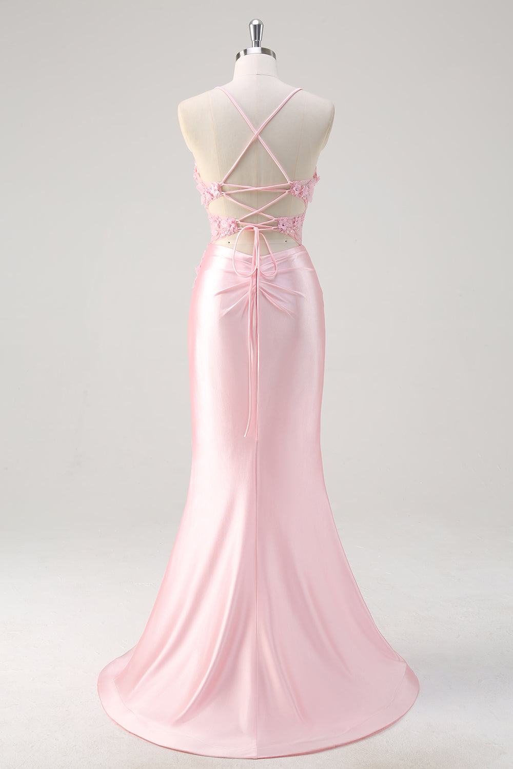 ILYNORA pink satin maxi dress, back view showing thigh-high slit detail
