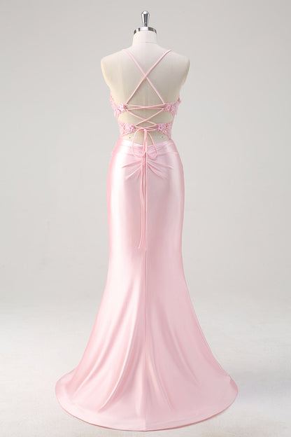 ILYNORA pink satin maxi dress, back view showing thigh-high slit detail