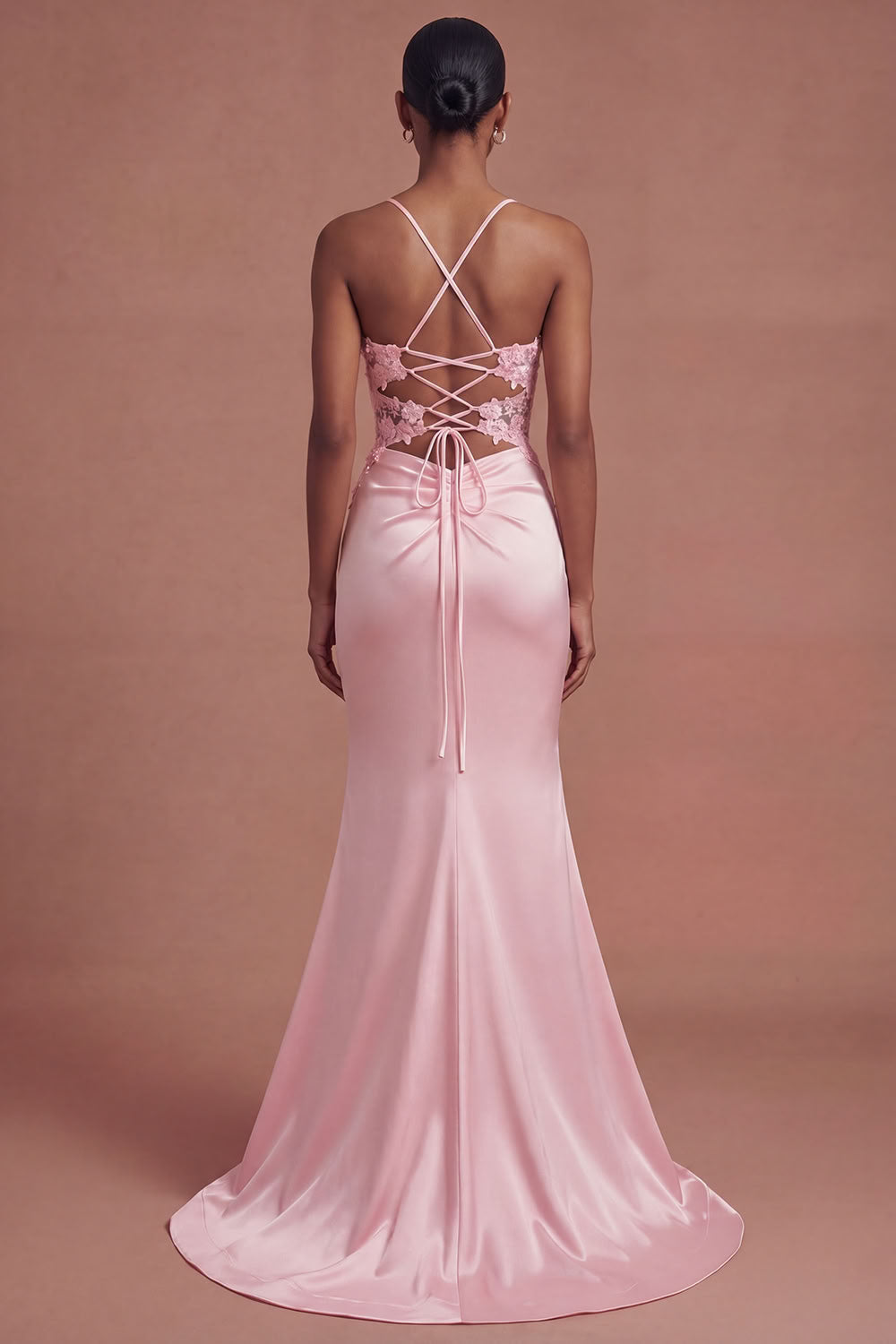 ILYNORA pink satin maxi dress, back view showing lace-up corset detail