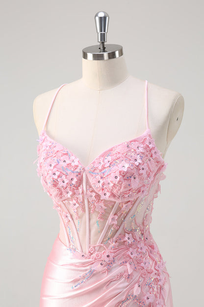 ILYNORA pink satin maxi dress close-up of floral appliqué corset bodice