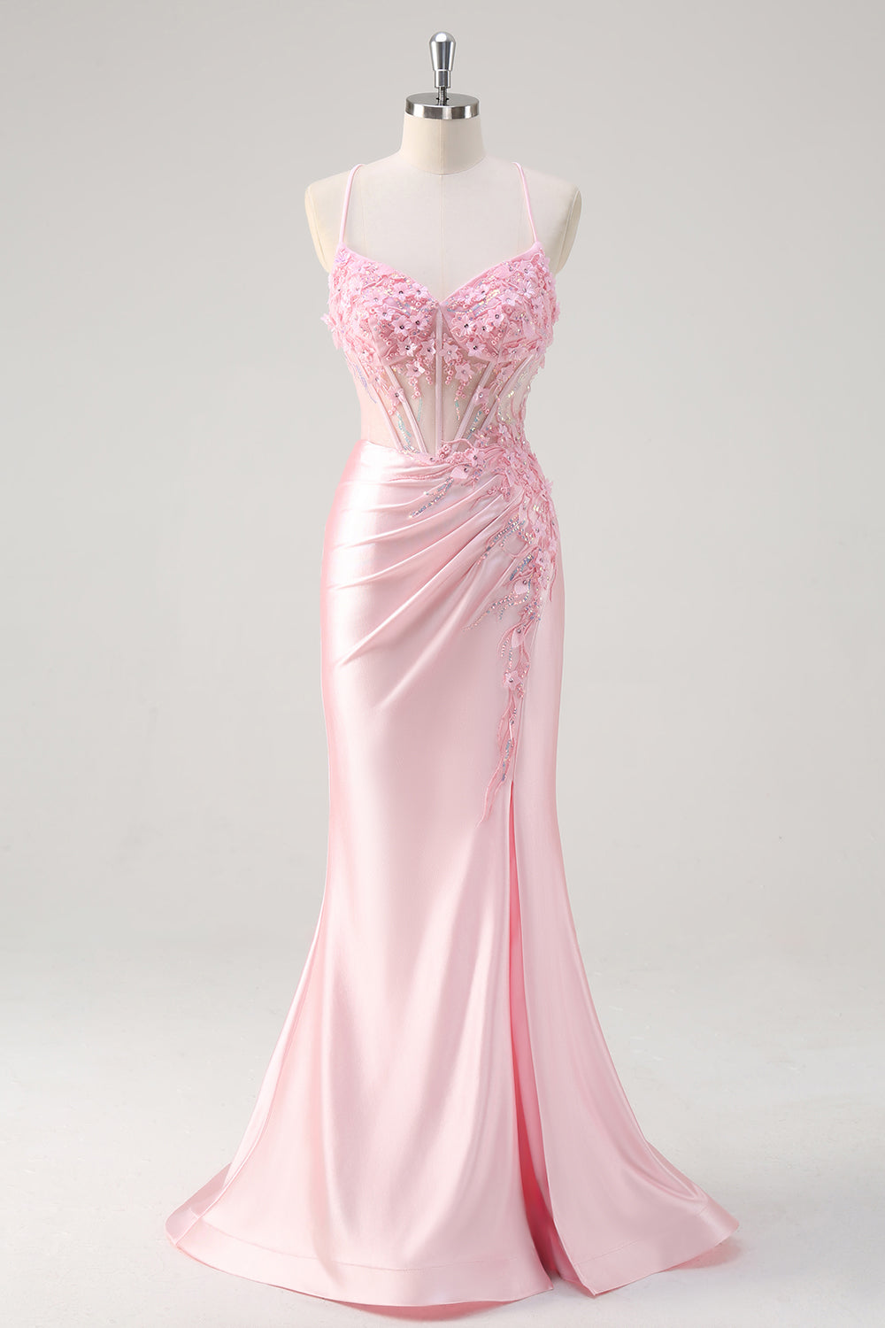 ILYNORA pink floral corset satin maxi dress displayed on mannequin, front view