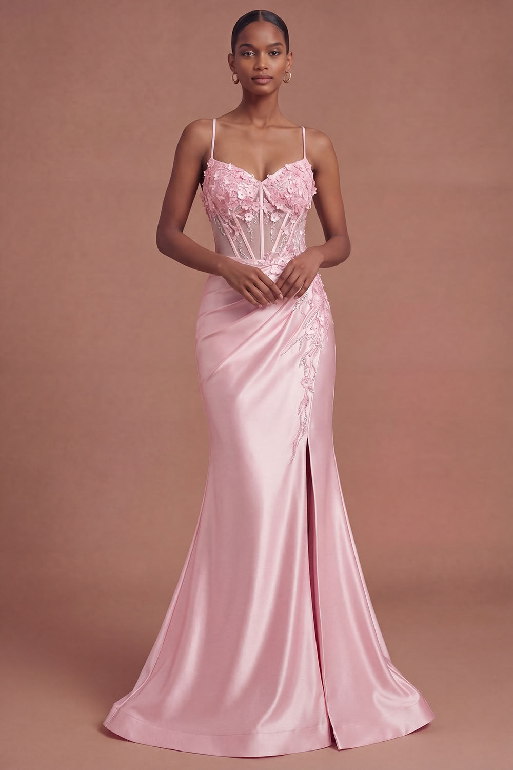 ILYNORA pink floral corset satin maxi dress, model wearing gown from the front
