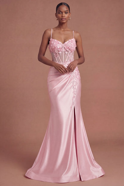ILYNORA pink floral corset satin maxi dress, model wearing gown from the front