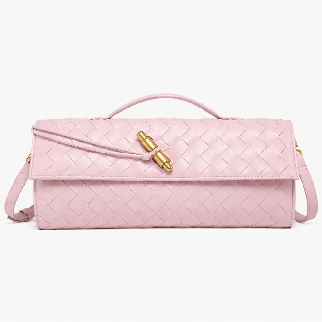 ILYNORA pink woven faux leather clutch bag with top handle, braided texture and elegant gold-tone clasp
