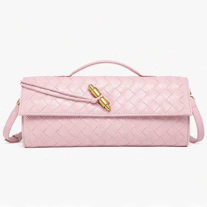 ILYNORA pink woven faux leather clutch bag with top handle, braided texture and elegant gold-tone clasp