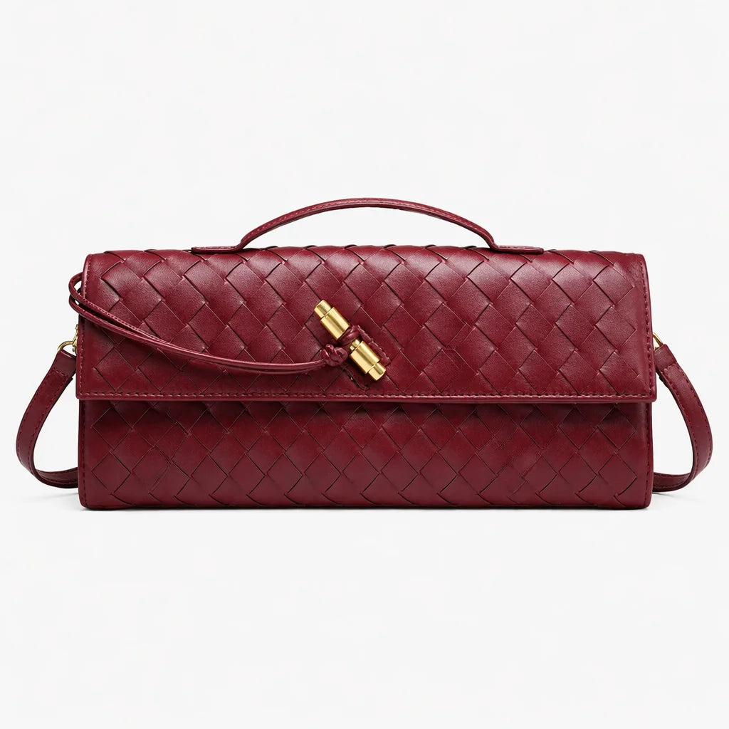 ILYNORA red woven faux leather clutch bag with elegant braided texture, shoulder strap and gold-tone clasp