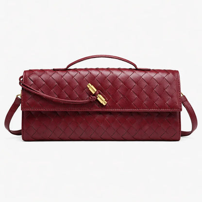 ILYNORA red woven faux leather clutch bag with elegant braided texture, shoulder strap and gold-tone clasp