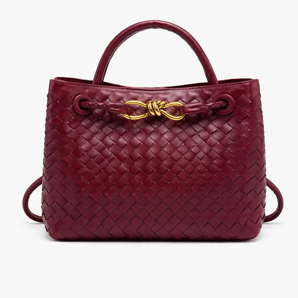 ILYNORA red woven faux leather tote bag with structured handles and elegant gold-tone hardware