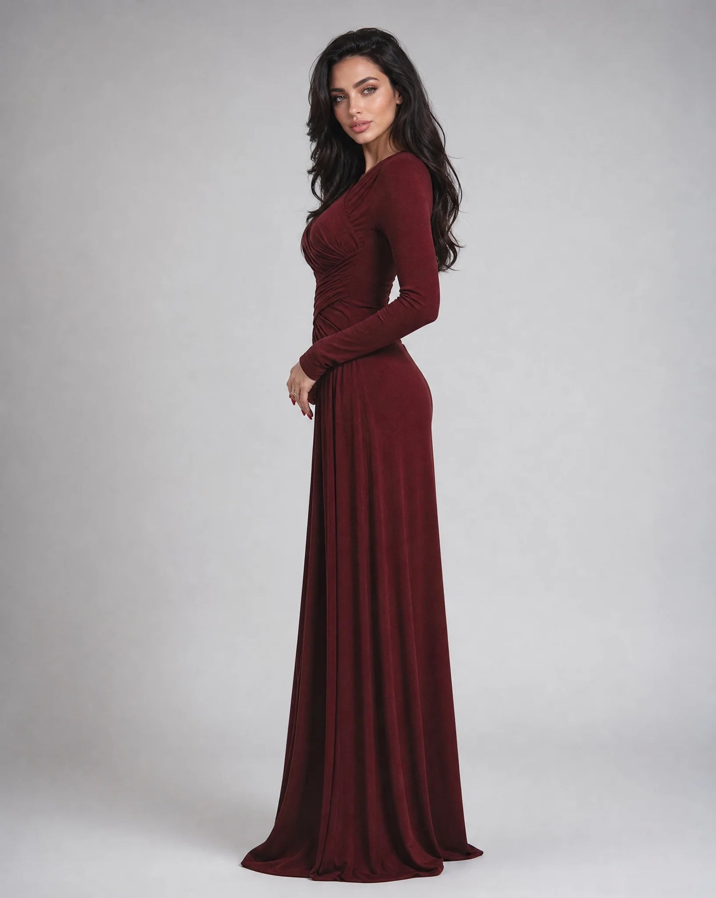 Women's Ruched Long Sleeve Evening Maxi Dress