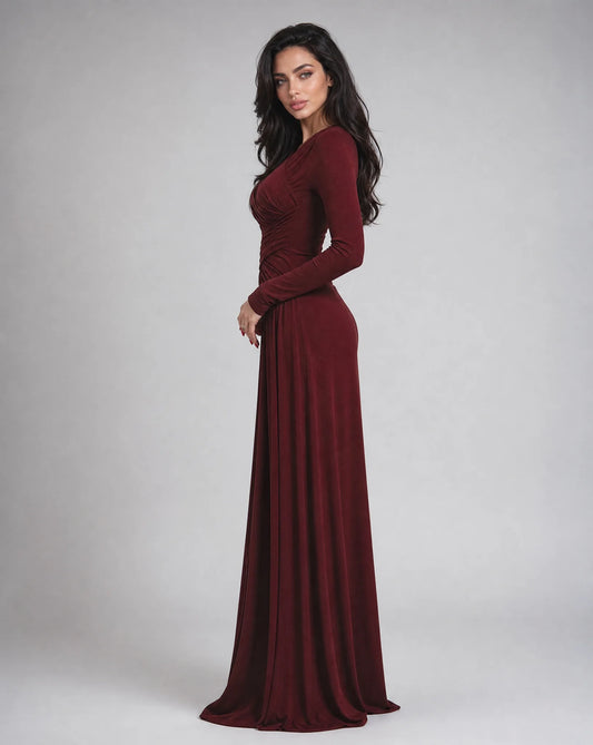 Women's Ruched Long Sleeve Evening Maxi Dress