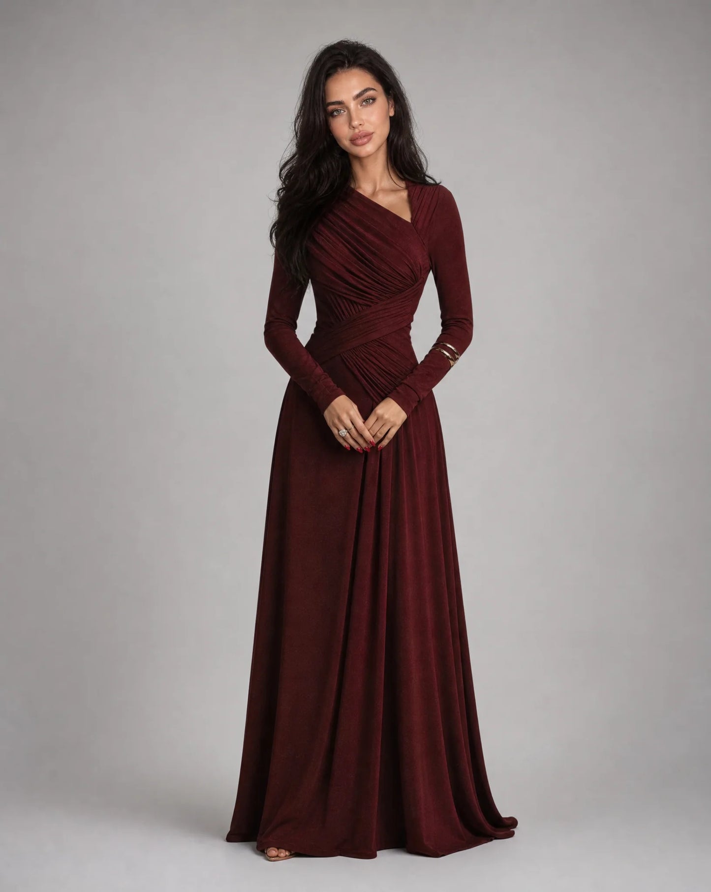 Women's Ruched Long Sleeve Evening Maxi Dress