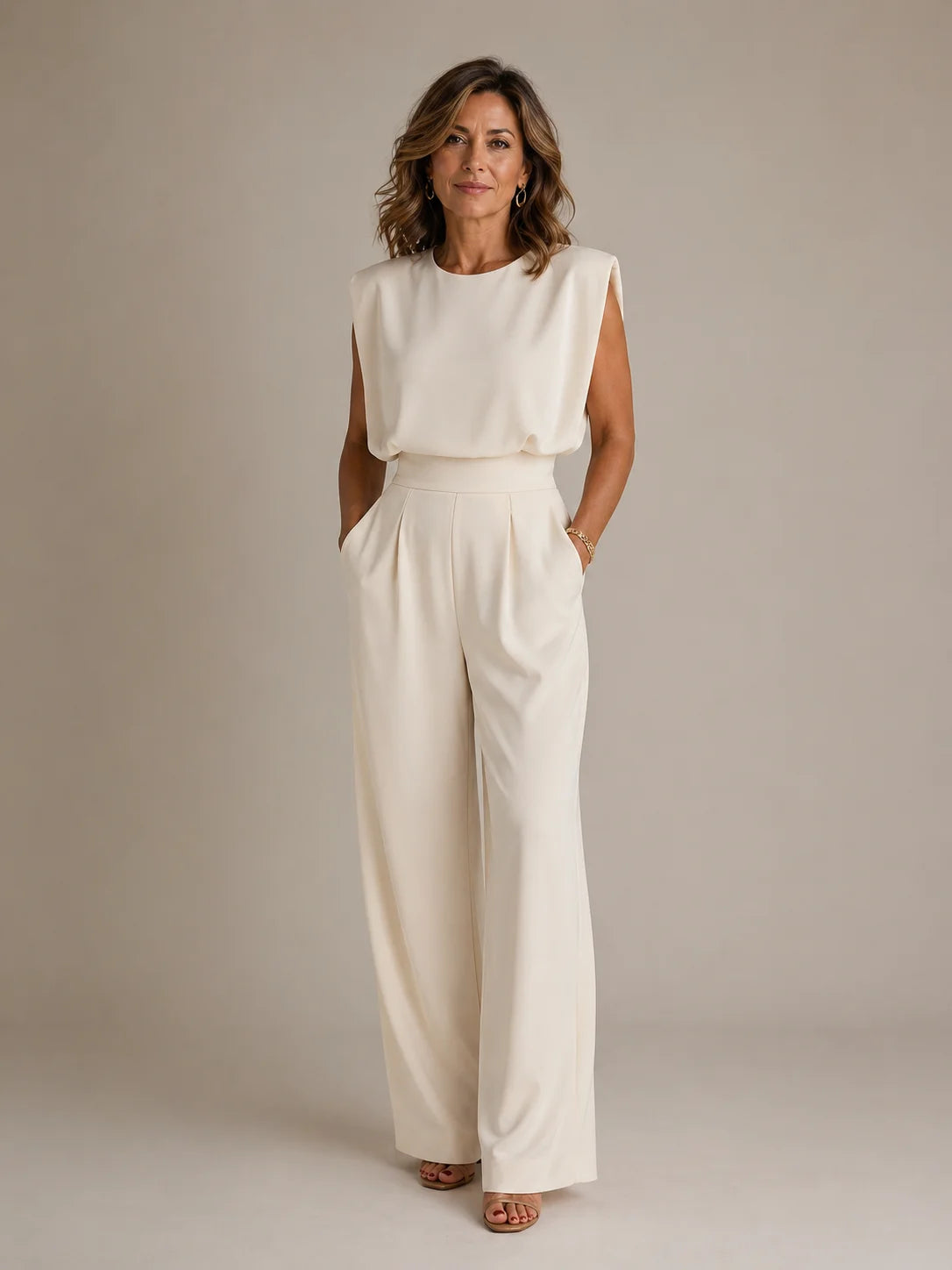 Women's golden sleeveless pleated wide leg jumpsuit with draped bodice, tailored waist and elegant flowing silhouette by ILYNORA
