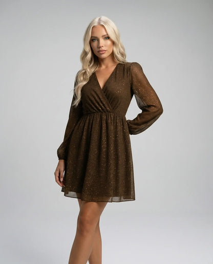Dark brown shimmer mini dress by Ilynora with sheer sleeves, front view with soft drape and refined finish