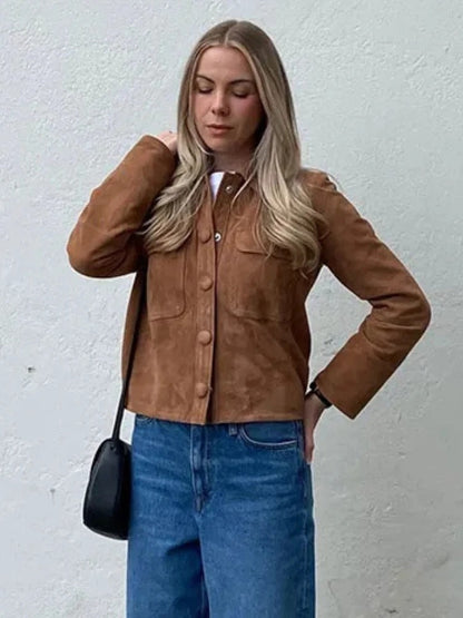Women’s Suede Button Up Jacket with Chest Pockets