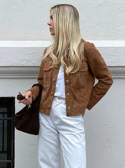 Women’s Suede Button Up Jacket with Chest Pockets