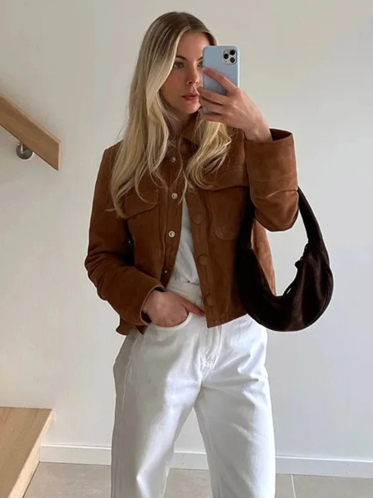 Women’s Suede Button Up Jacket with Chest Pockets