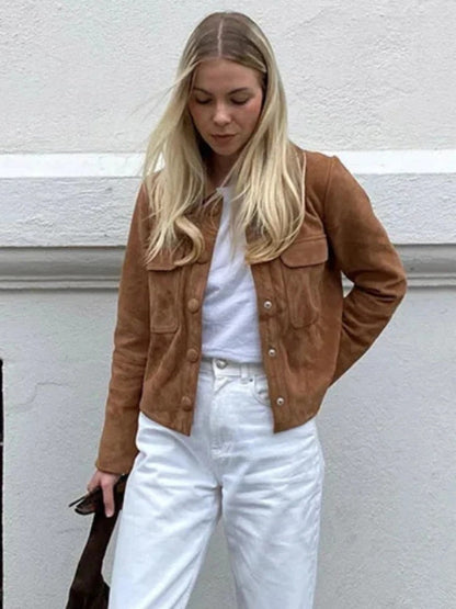 Women’s Suede Button Up Jacket with Chest Pockets