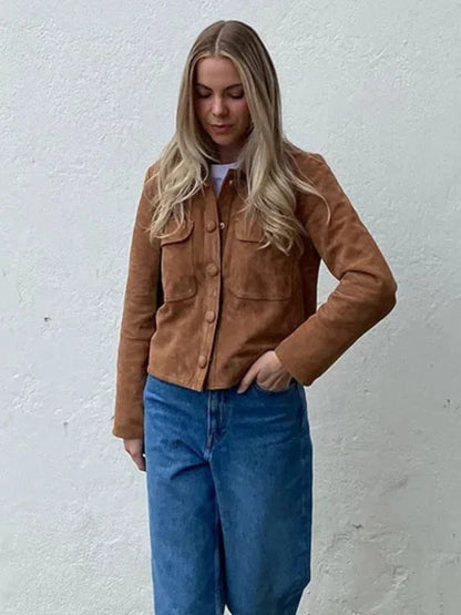 Women’s Suede Button Up Jacket with Chest Pockets